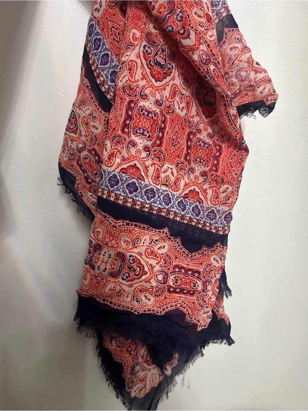 Lucky Brand Square Scarf Paisley Cotton Red Blue Fringe 44”